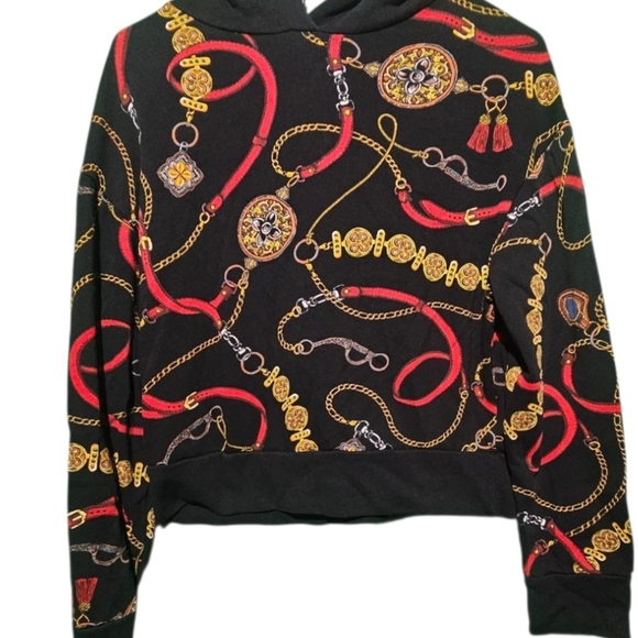 Zara Black Hoodie with Red and Gold Chains 20 PTP - 20 Length - EUC - Picture 2 of 4